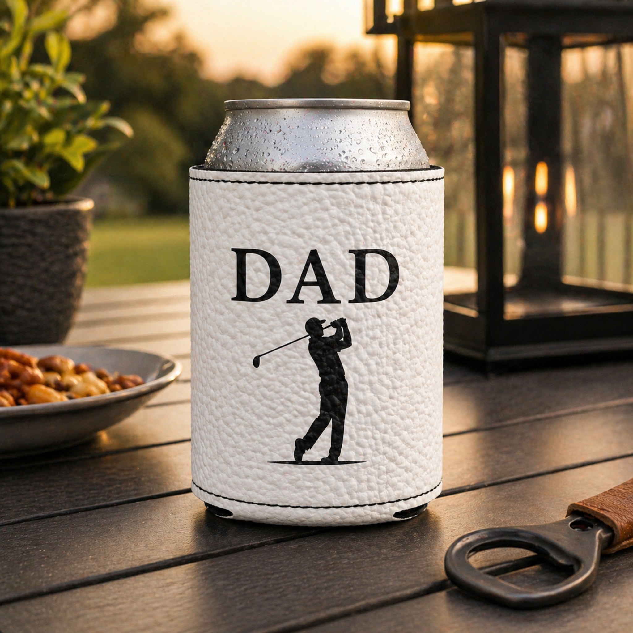 Personalized golf ball can cooler DAD design - golden hour patio lifestyle