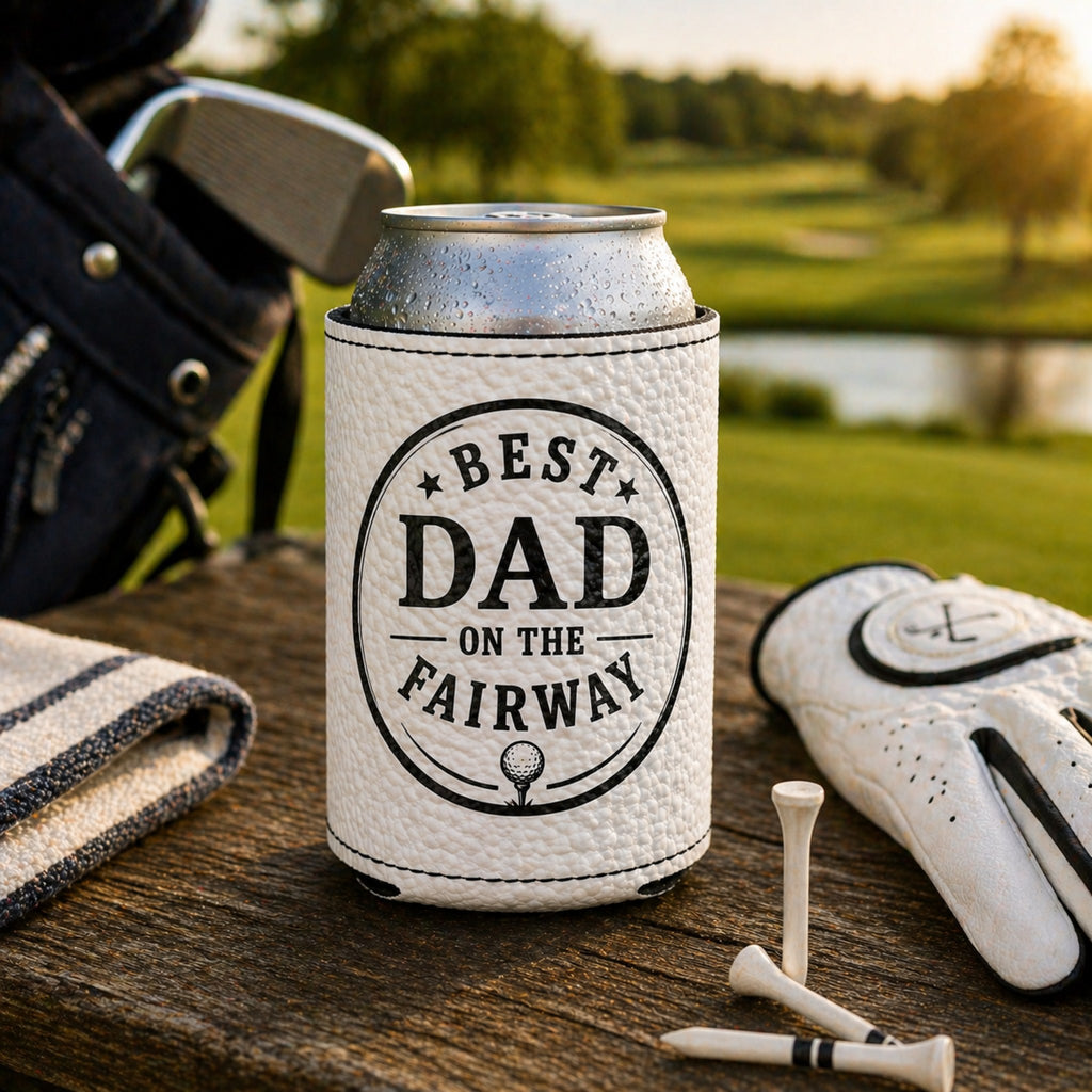 Best Dad on the Fairway custom engraved can cooler on golf course