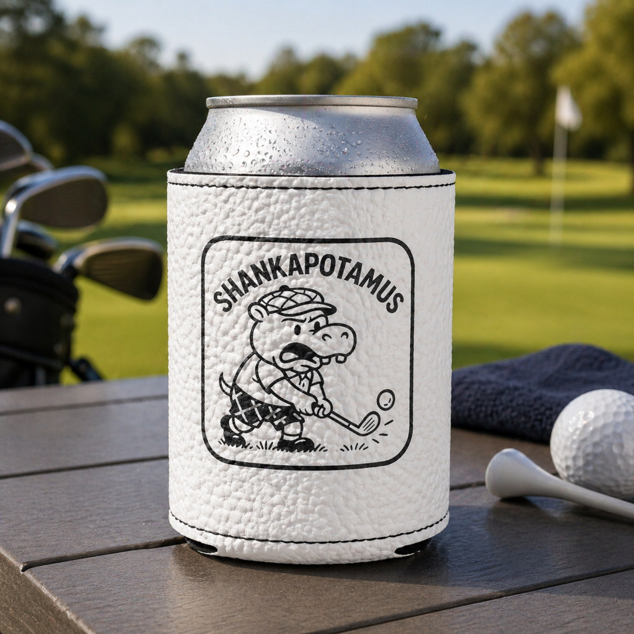 Shankapotamus custom laser engraved golf can cooler on course