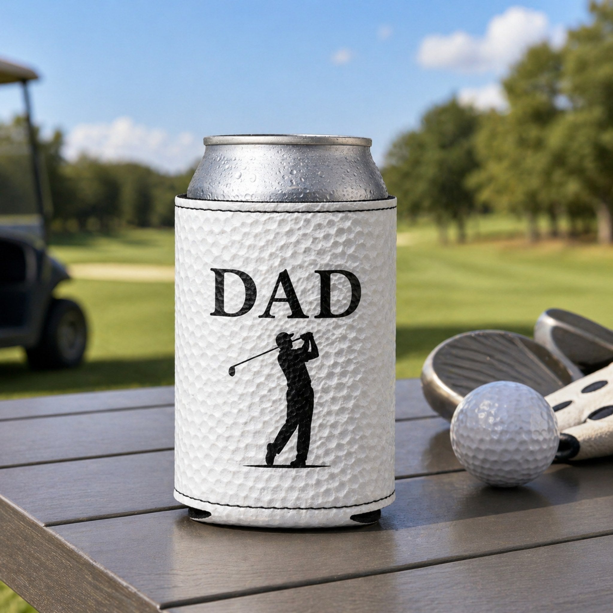 DAD personalized golf ball can cooler with golf cart lifestyle shot