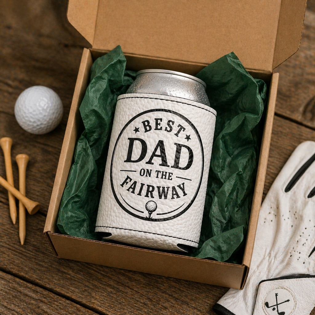 Personalized golf gift box - Best Dad on the Fairway custom engraved can cooler