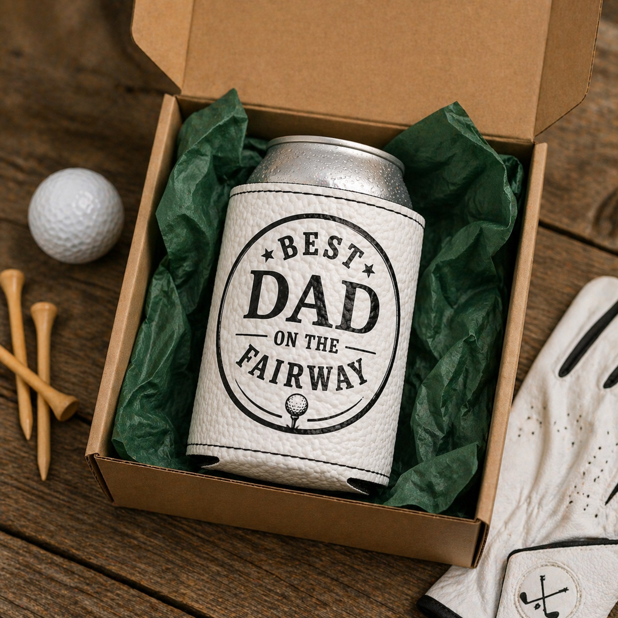 Personalized golf gift box - Best Dad on the Fairway custom engraved can cooler